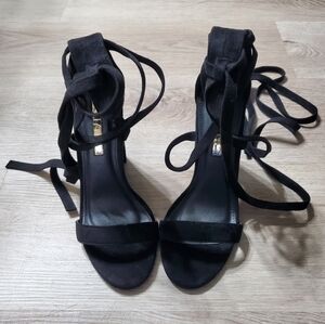 Liliana Rosalia Black Faux Suede Open Toe Lace Up Block Heels Women's Size 5.5